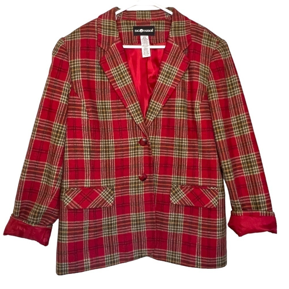 Vintage Sag Harbor Plaid Wool Blazer Red Green Size 16